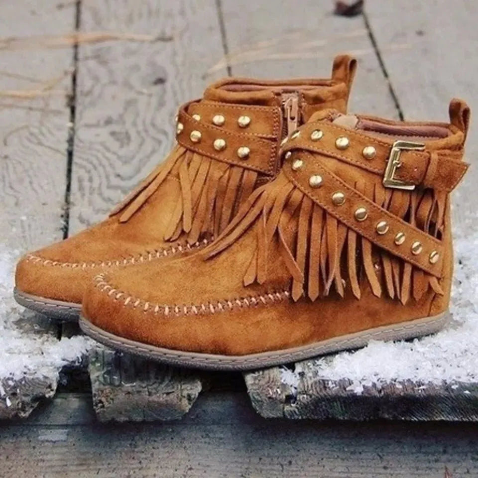 Fringe Studded Suede Flat Boots 