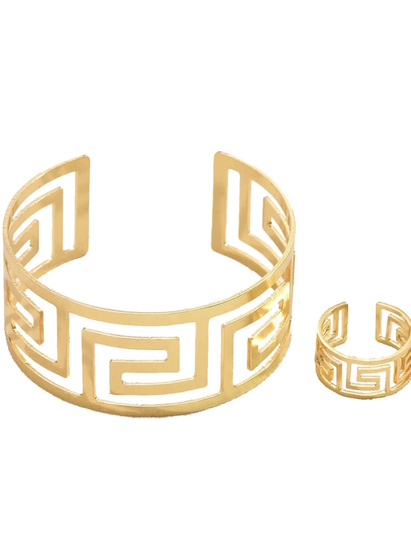 18K Gold-Plated Stainless Steel Geometric Bracelet and Ring Jewelry Set 