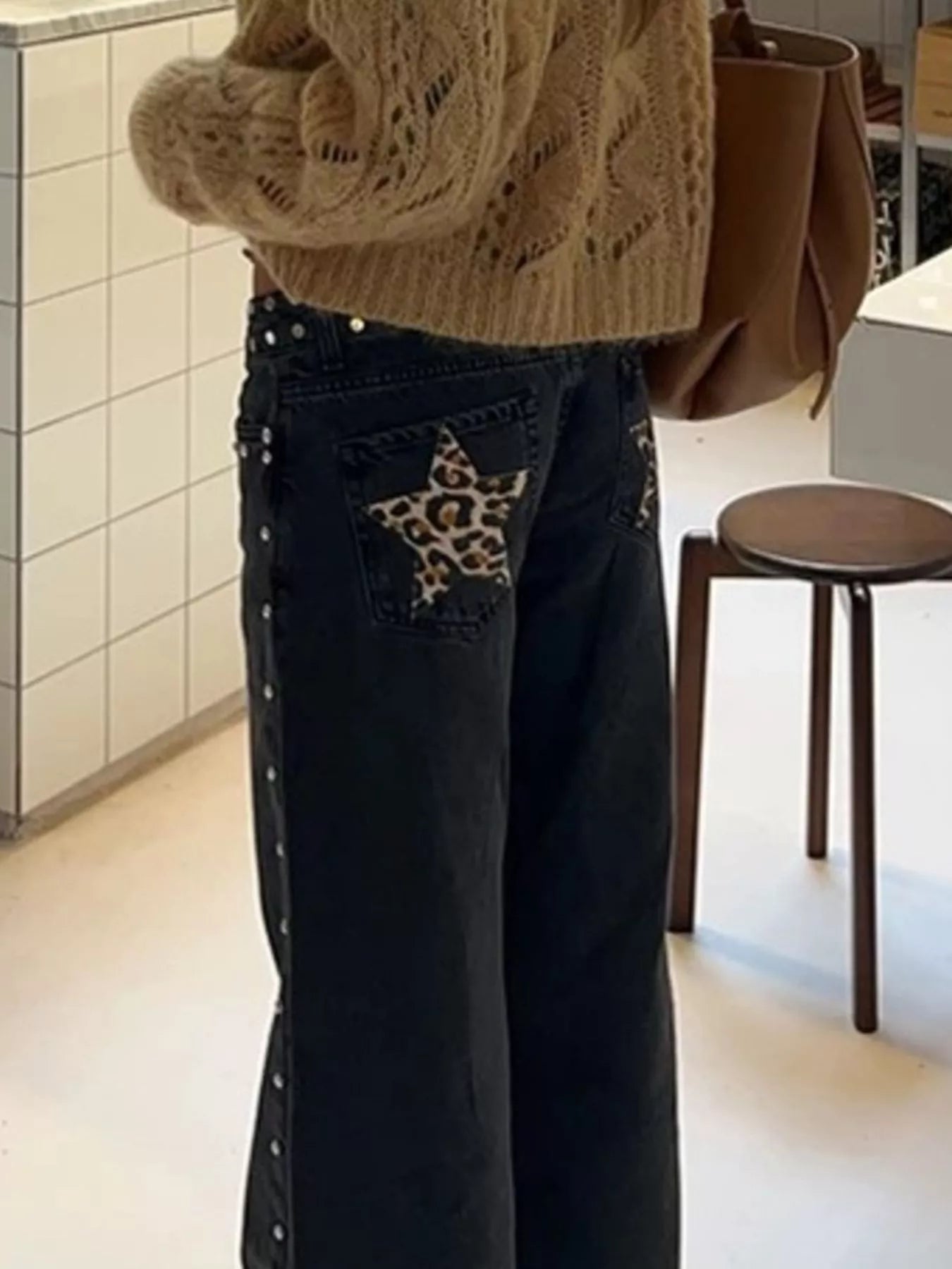 Leopard Star Patches Wide Leg Jeans Trendsi