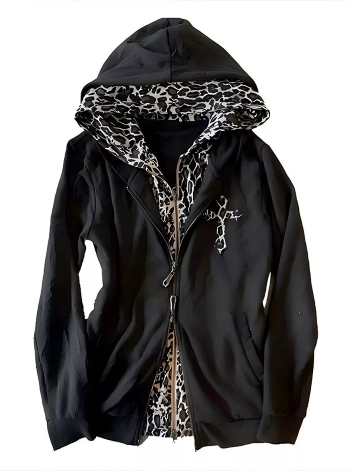Gothic Cross Leopard Lined Zip-Up Hoodie Trendsi