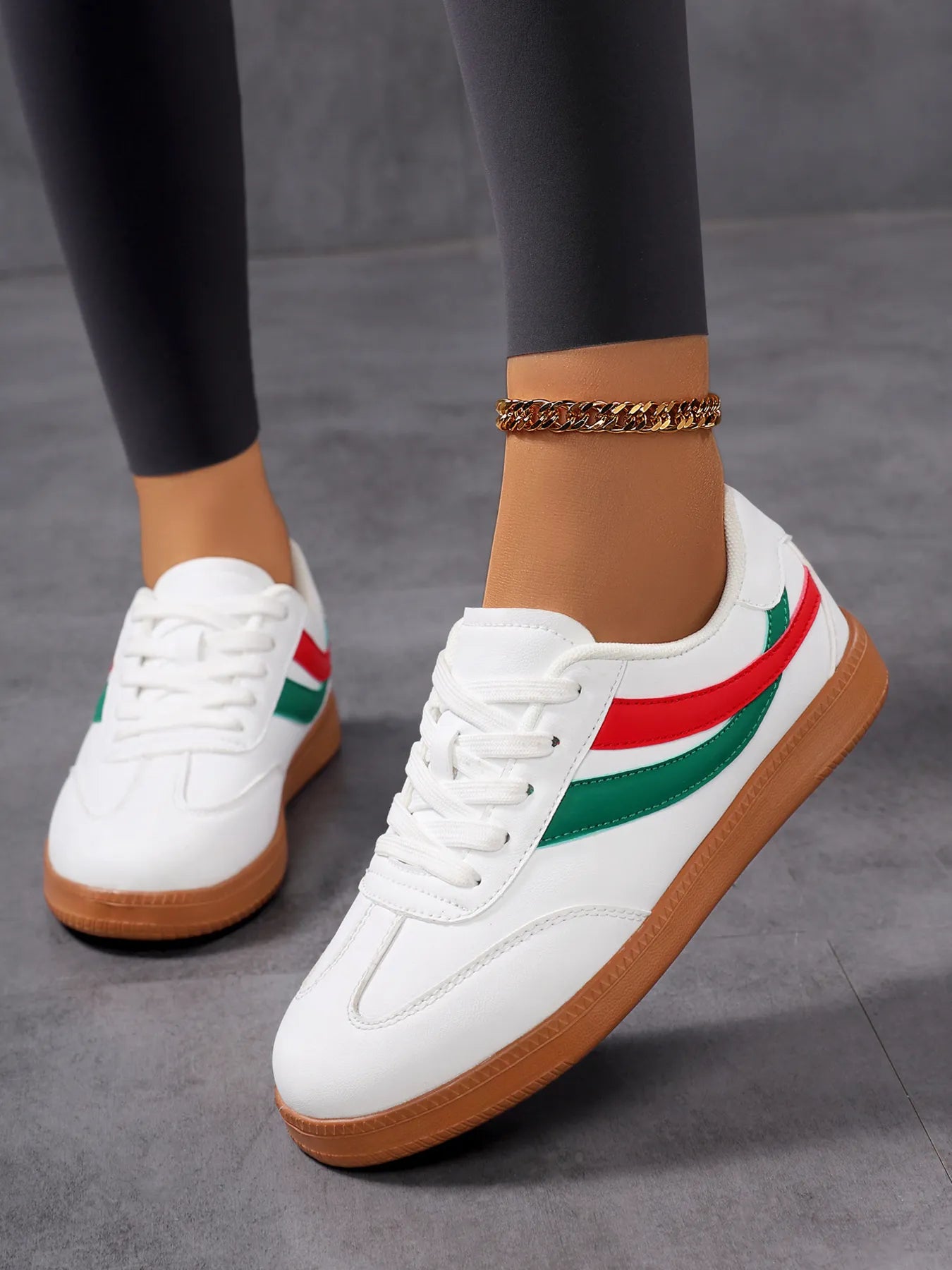 Lace Up Flat Sneakers with Stripe Accent 