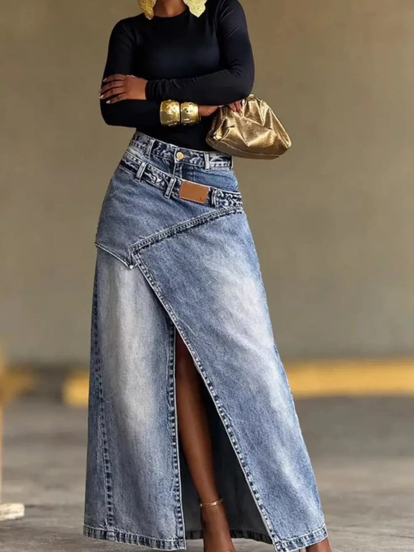 High-Waisted Slit Denim Skirt Trendsi