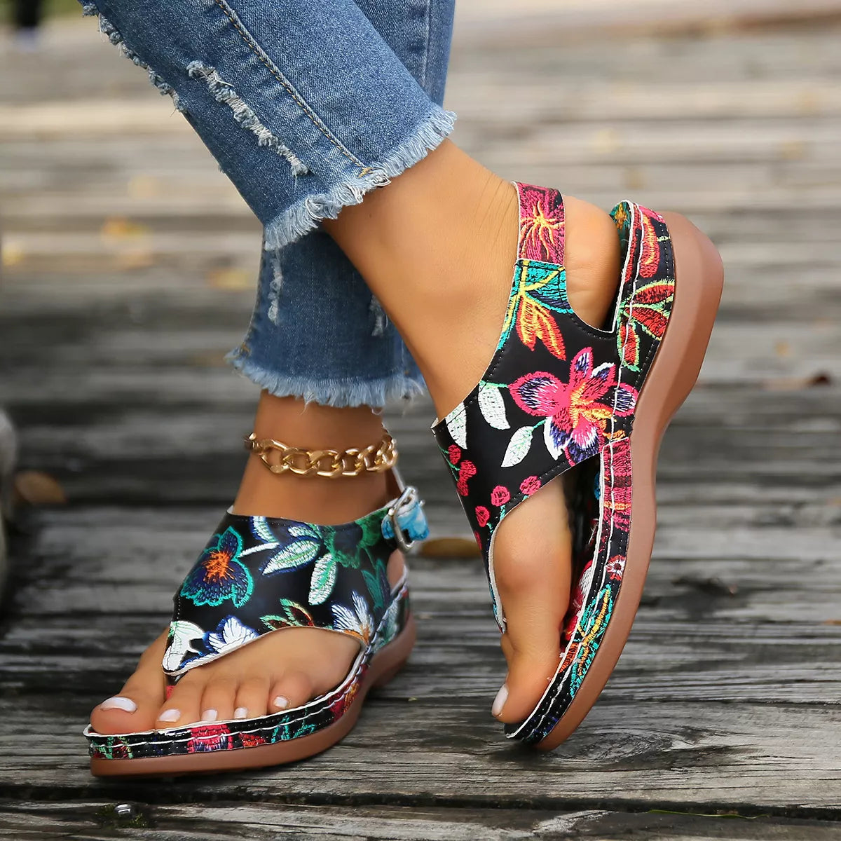 Floral Thong Wedge Sandals Trendsi