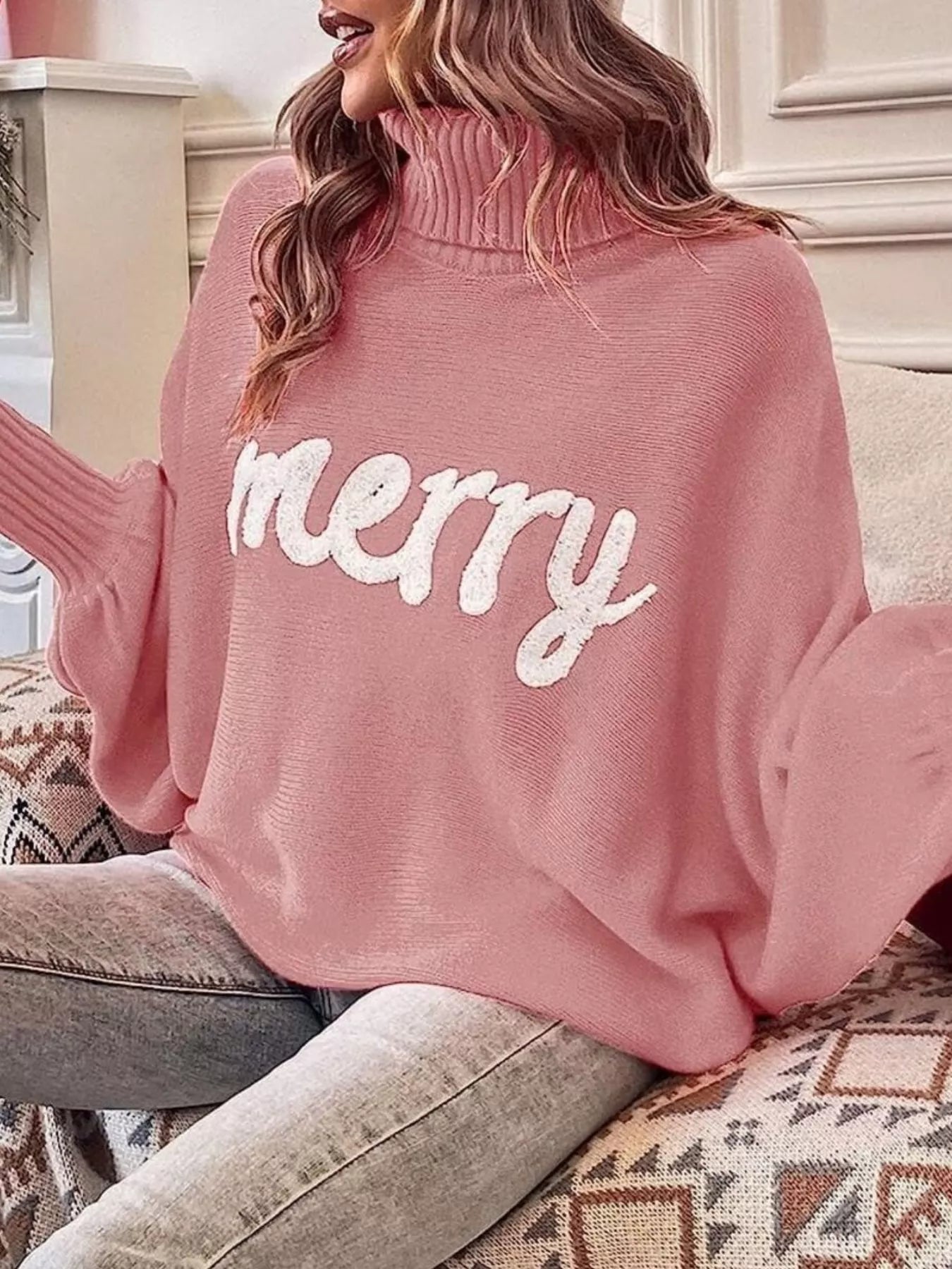 Merry Turtleneck Long Sleeve Christmas Sweater Trendsi