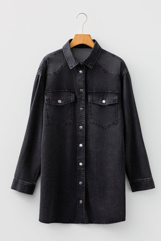 Solid Denim Chest Pocket Raw Hem Shirt Dress 