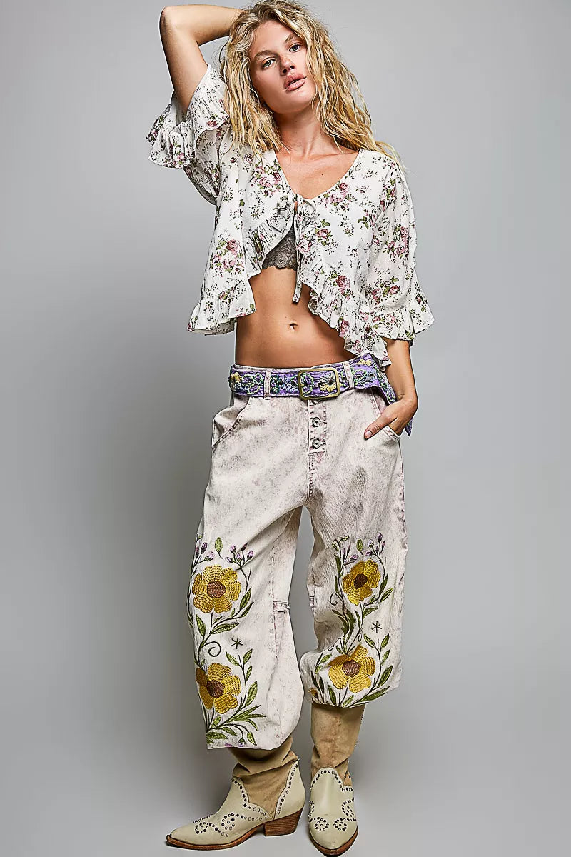 POL Ruffle Tie Front Cropped Floral Woven Flutter Sleeve Top 