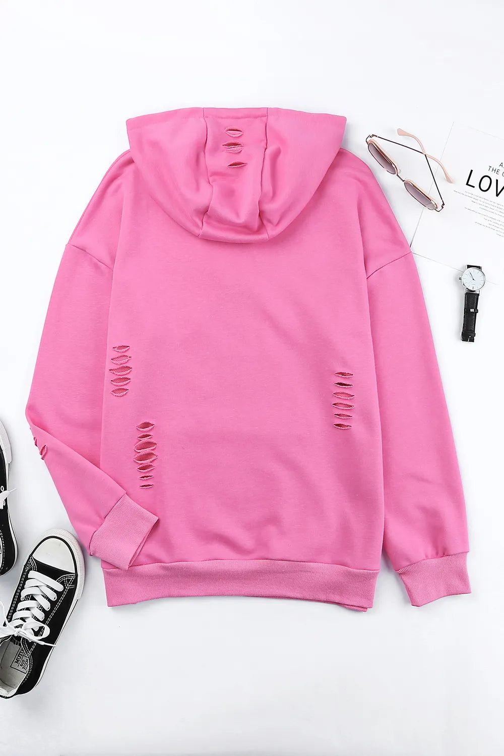 Distressed Drawstring Long Sleeve Hoodie 