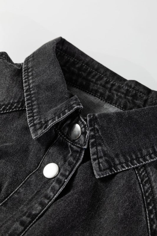 Solid Denim Chest Pocket Raw Hem Shirt Dress 