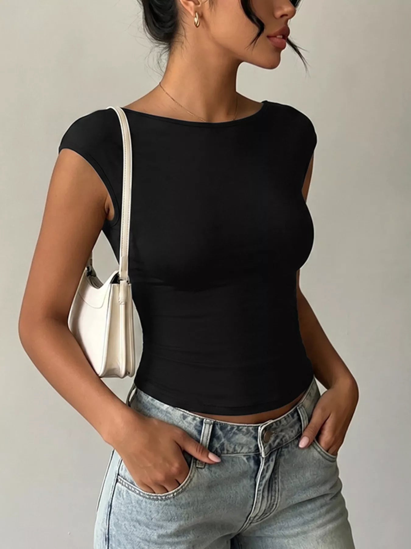 Lace Detail Cap-Sleeve T-Shirt 