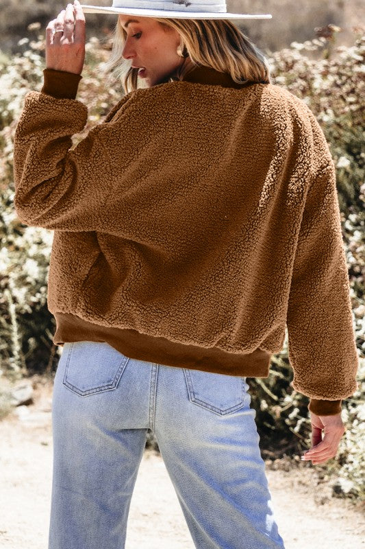 Burl Sherpa Ribbed Baseball Collar Bomber Jacket 