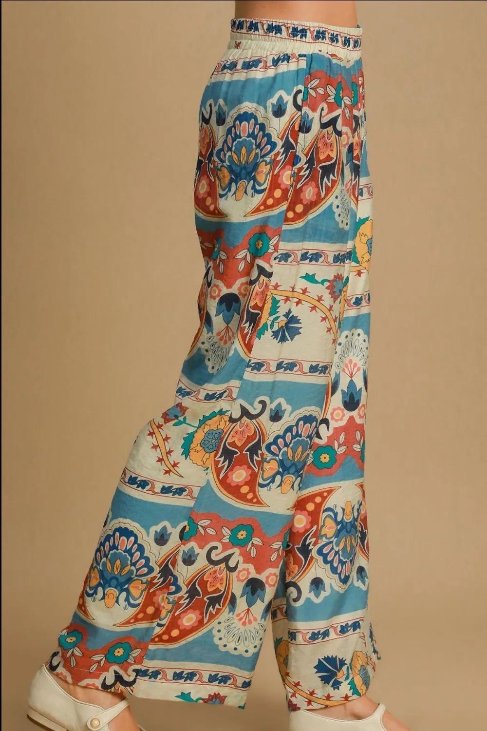Umgee Full Size Wide Leg Border Print Pants Plus Size 