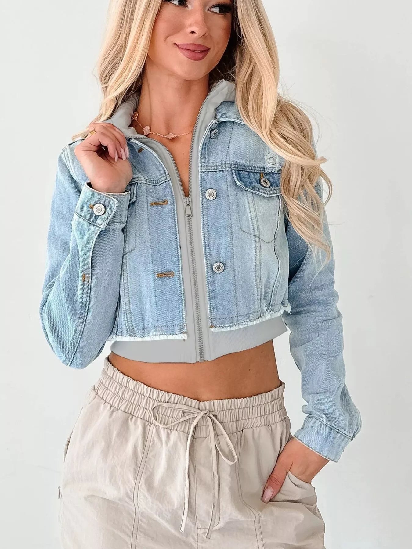 Distressed Zip Up Cropped Hooded Denim Jacket Trendsi