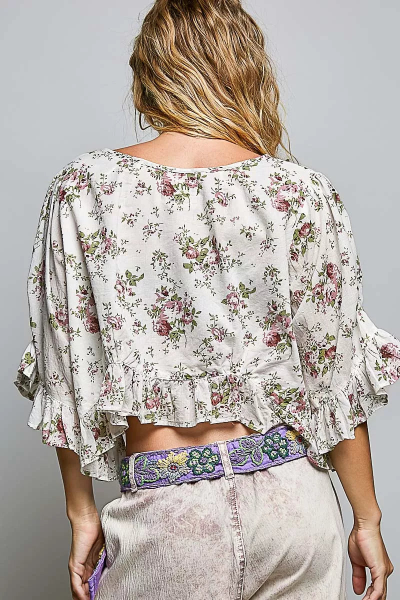 POL Ruffle Tie Front Cropped Floral Woven Flutter Sleeve Top Trendsi