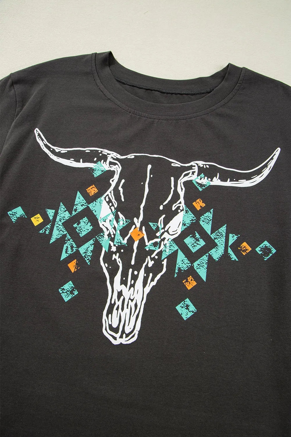 Bull Head Skull Round Neck Short Sleeve T Shirt Trendsi