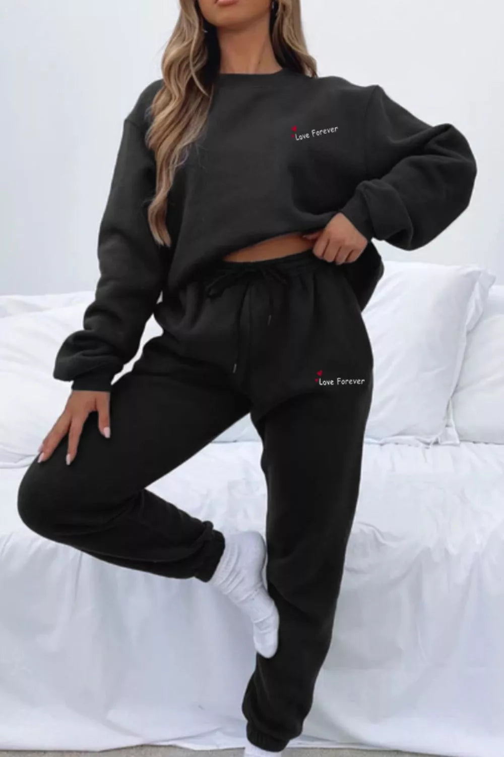 Round Neck Sweatshirt and Joggers Set Trendsi