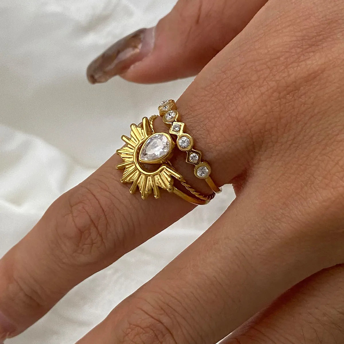 3 Piece Stainless Steel Rhinestone Sunburst Crown Ring Trendsi