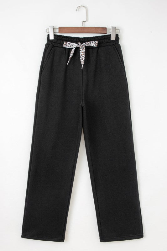 Leopard Drawstring Fleece Lined Elastic Waist Pant 