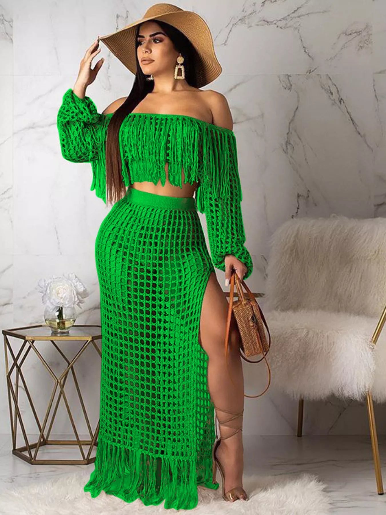 Full Size Crochet Off-Shoulder Fringe Top and Skirt Set Plus Size Trendsi