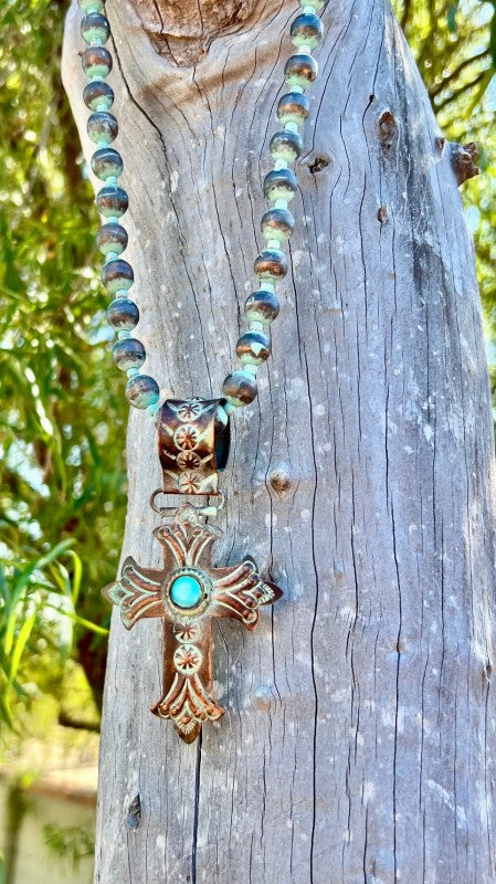 Beaded Necklace with Patina Cross Pendant 