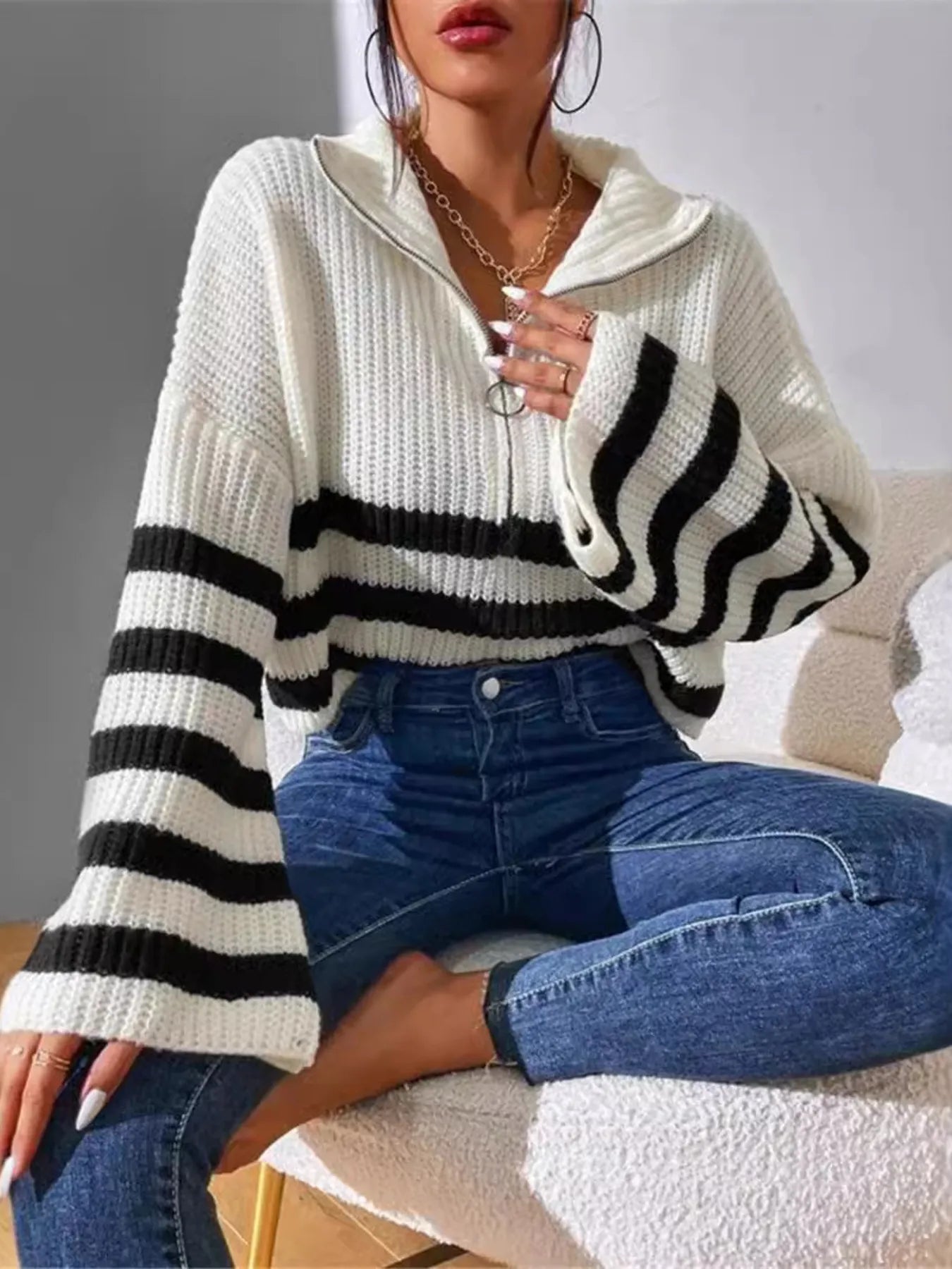 Striped Half Zip Cropped Sweater 