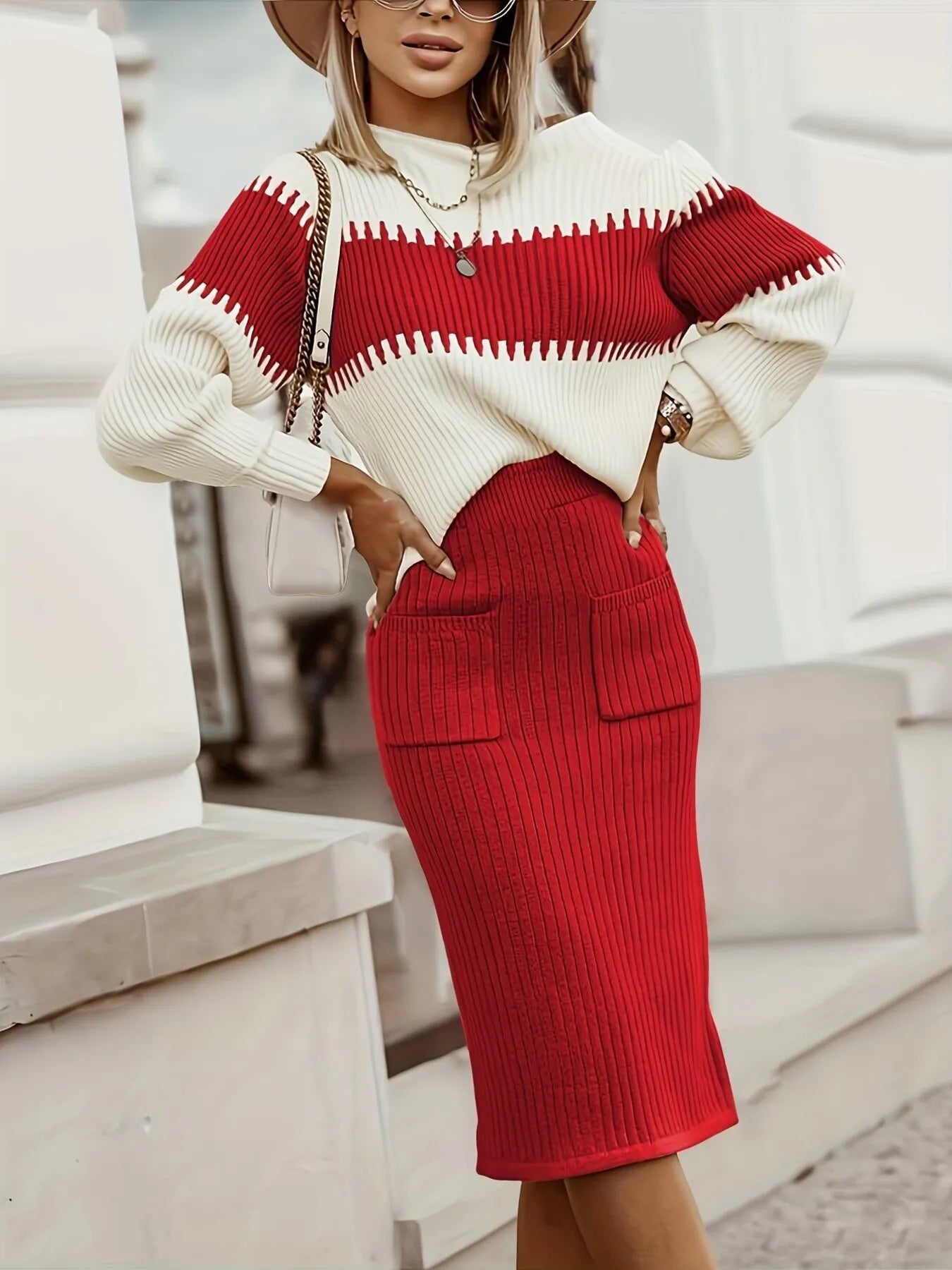 Two-Tone Ribbed Knit Top and Skirt Sweater Set 