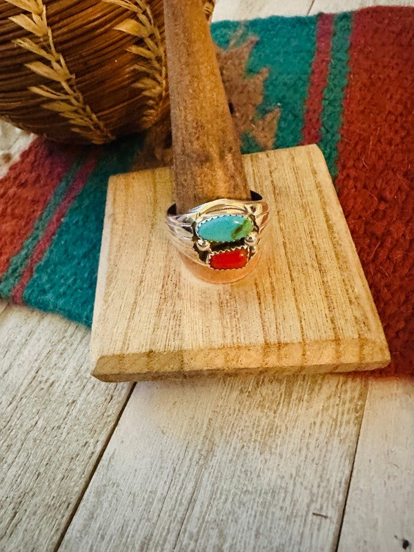Navajo Turquoise, Coral & Sterling Silver Ring 