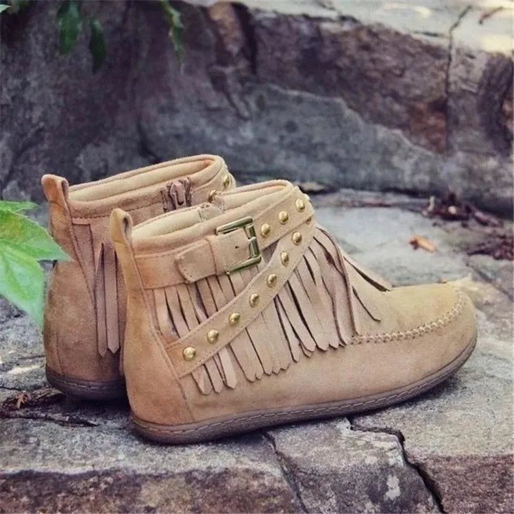 Fringe Studded Suede Flat Boots 