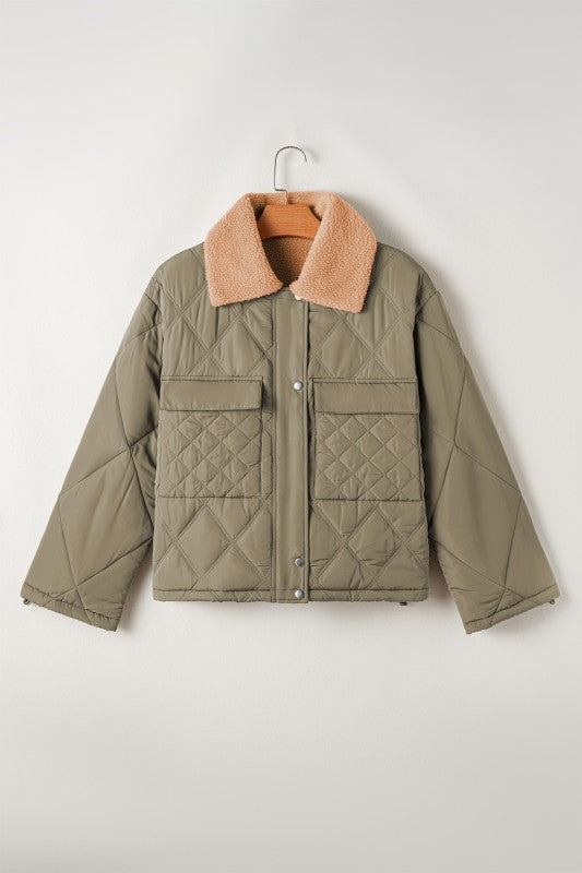 Teddy Collar Flap Pockets Quilted Puffer Jacket 