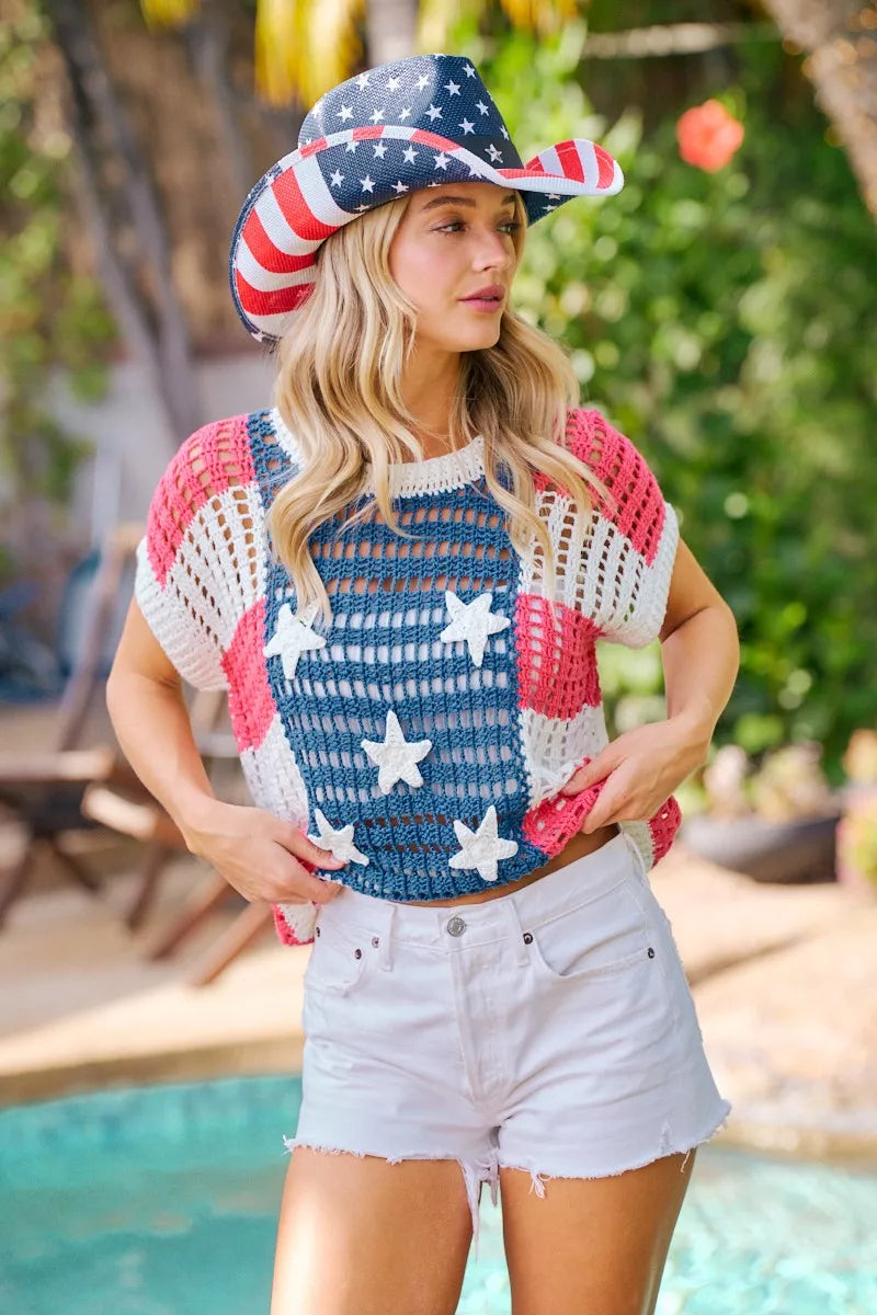 BiBi Crochet Star Patches 4th Of July Sweater Cover Up 
