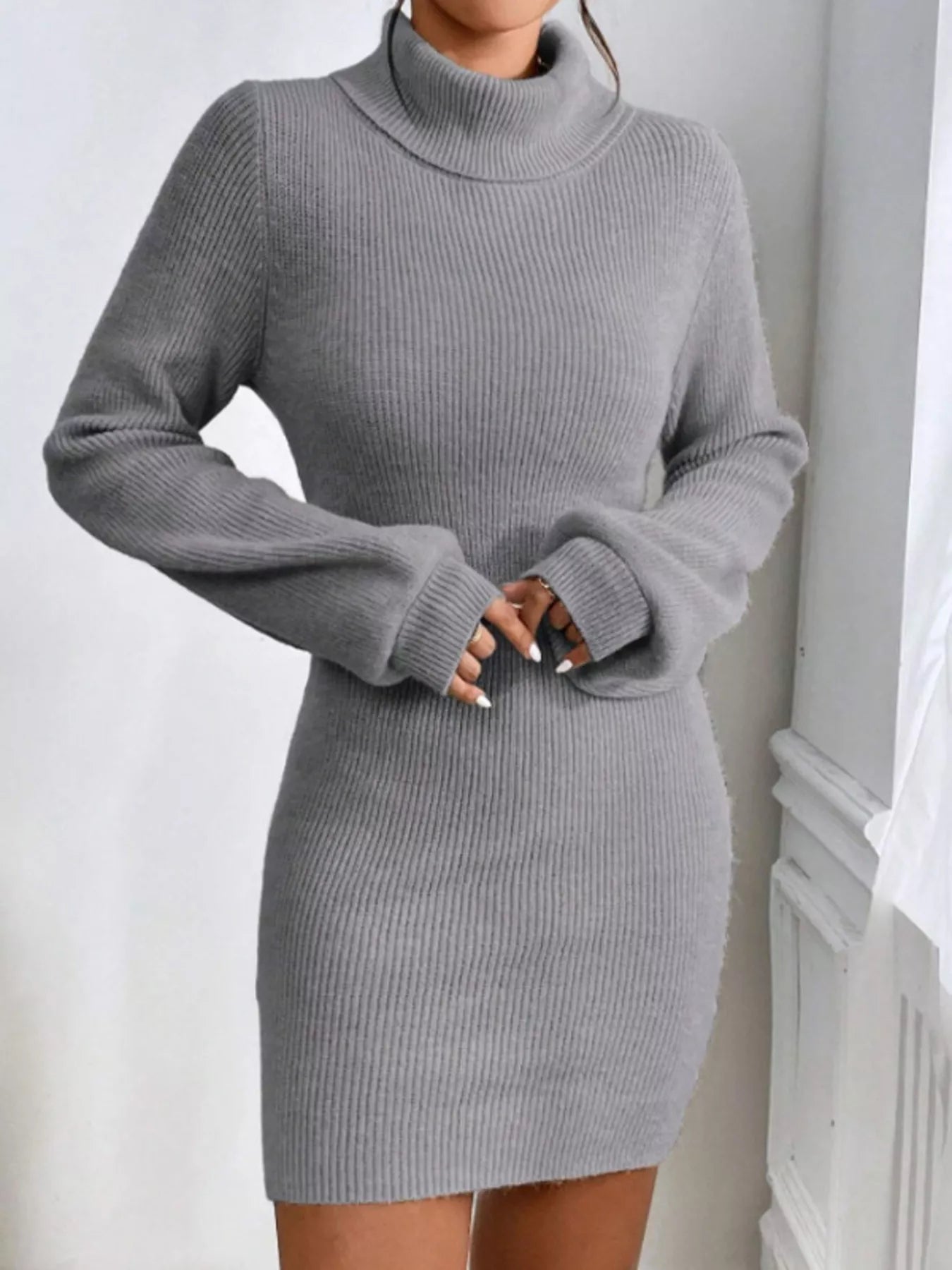 Turtleneck Ribbed Knit Sweater Dress Trendsi