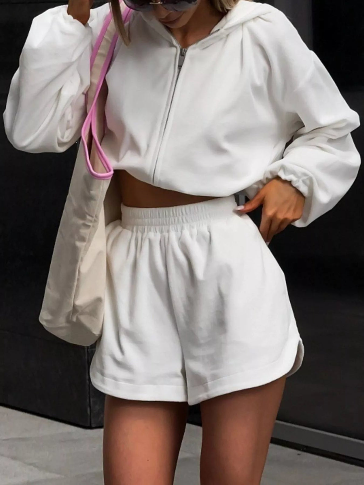 Zip Up Crop Hoodie and Shorts Set Trendsi