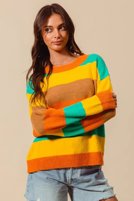 SO ME Multi Color Stripe Sweater with Ribbed Detail 