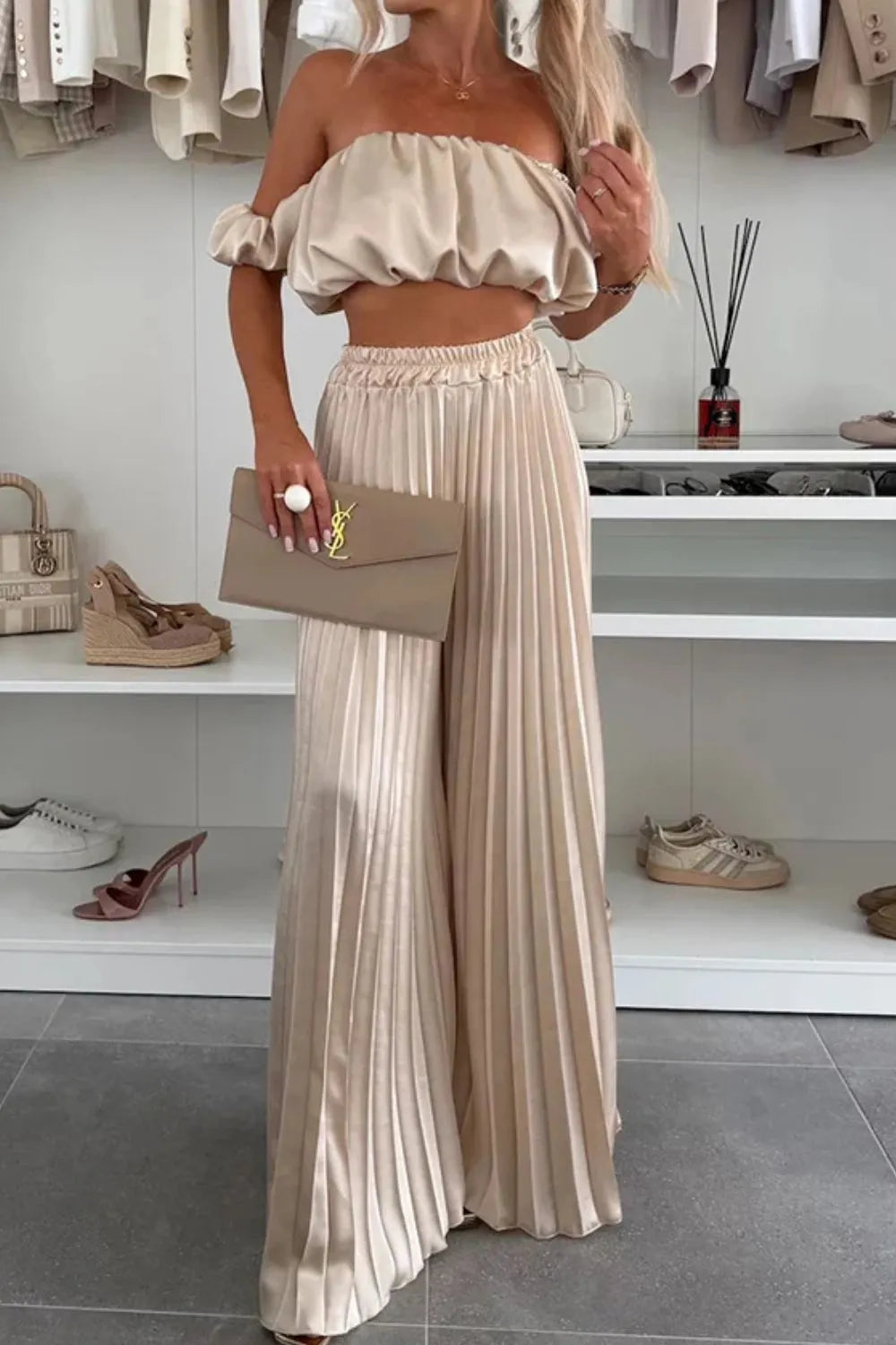 Off-Shoulder Top and Pleated Pants Set Luckygirlsclothingcompany.com
