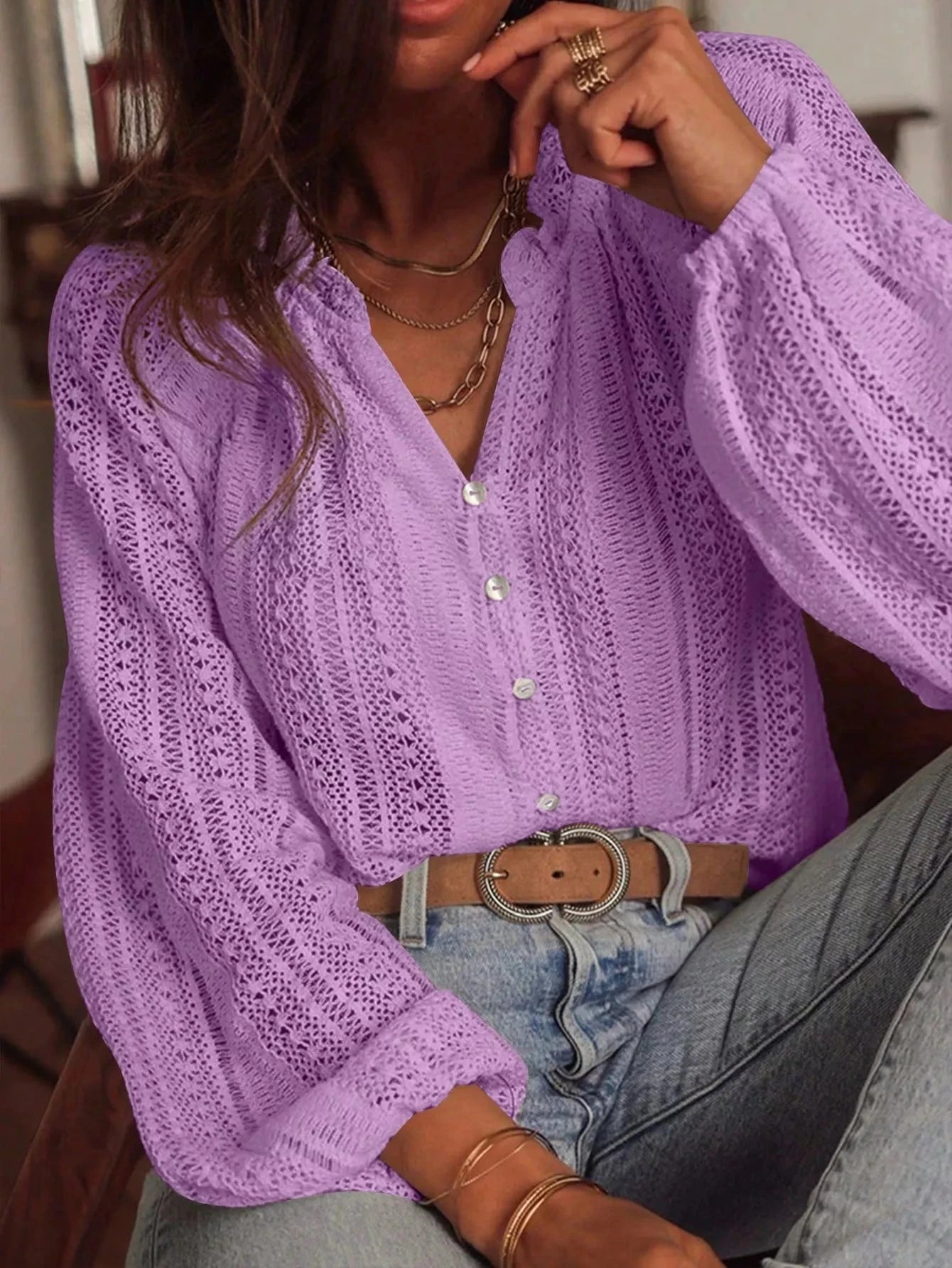 Lace Notched Long Sleeve Shirt 