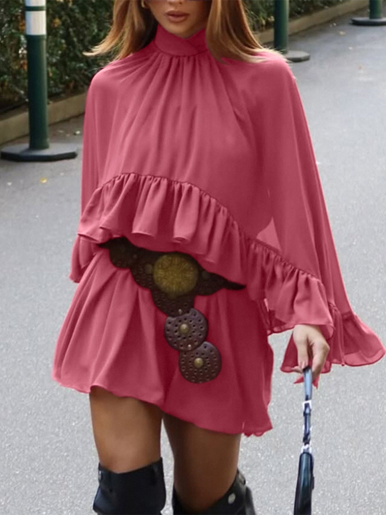 Ruffle Trim High Neck Mini Dress 