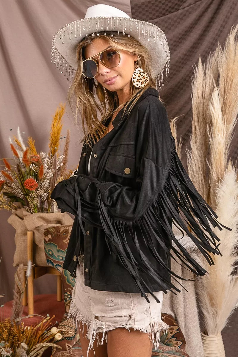 BiBi Suede Fringe Long Sleeve Jacket 