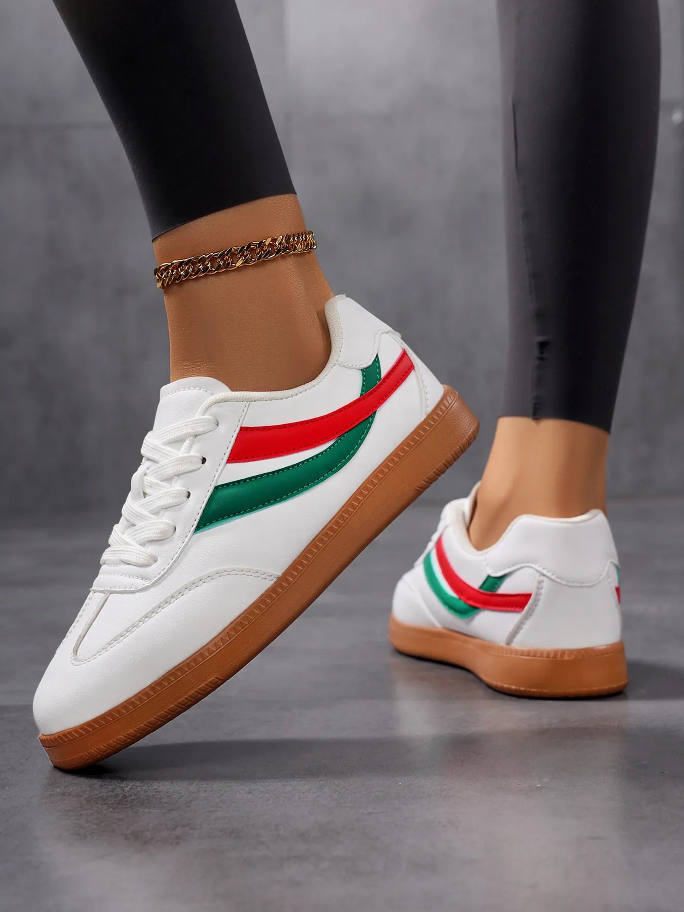 Lace Up Flat Sneakers with Stripe Accent 
