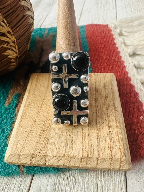 Navajo Onyx & Sterling Silver Cross Ring Chimney 