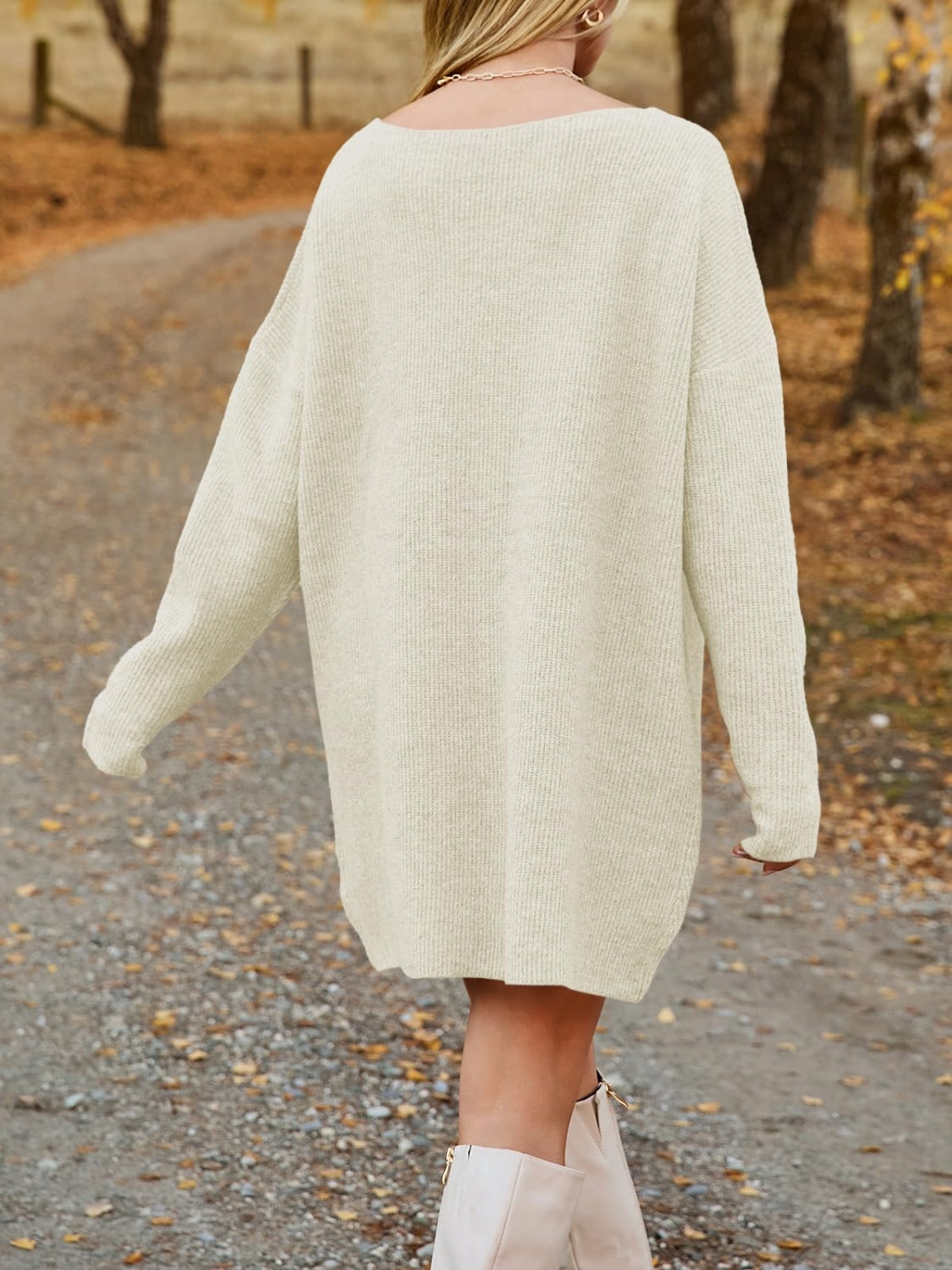 V-Neck Dropped Shoulder Sweater Dress Trendsi