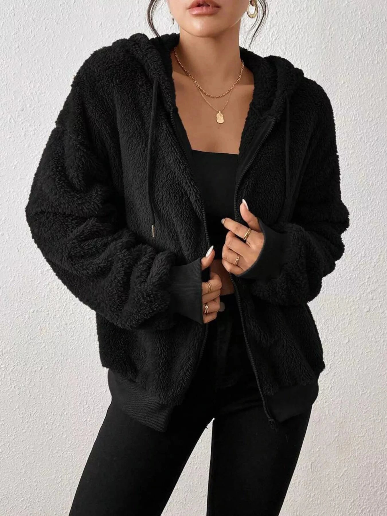 Zip-Up Plush Hooded Outerwear Trendsi