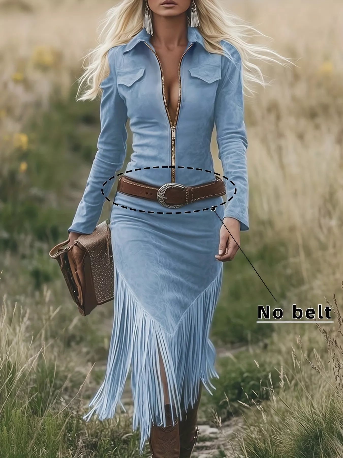 Fringe Zip Front Long Sleeve Dress 