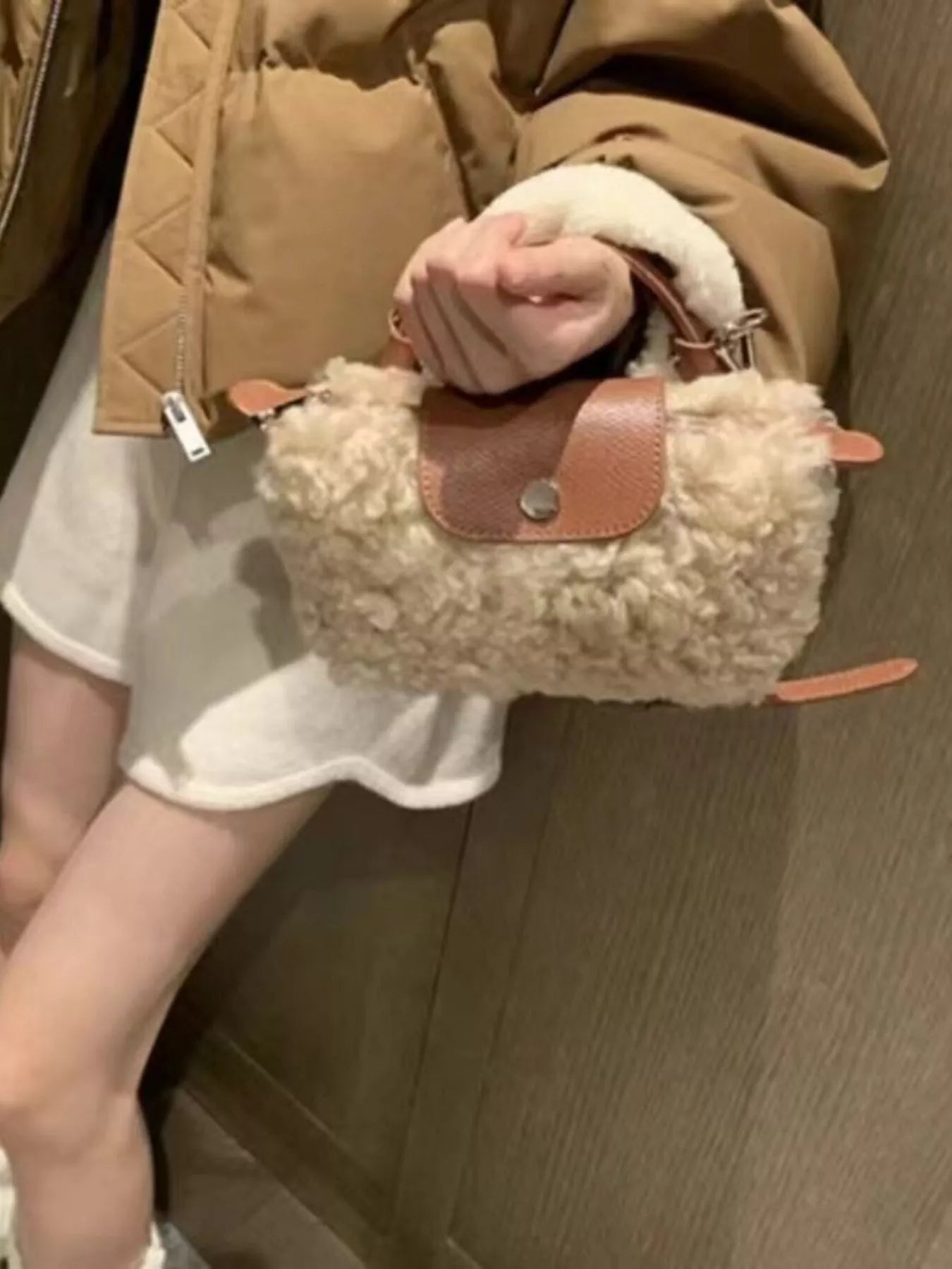 Fluffy Crossbody Bag with Leather Accents 