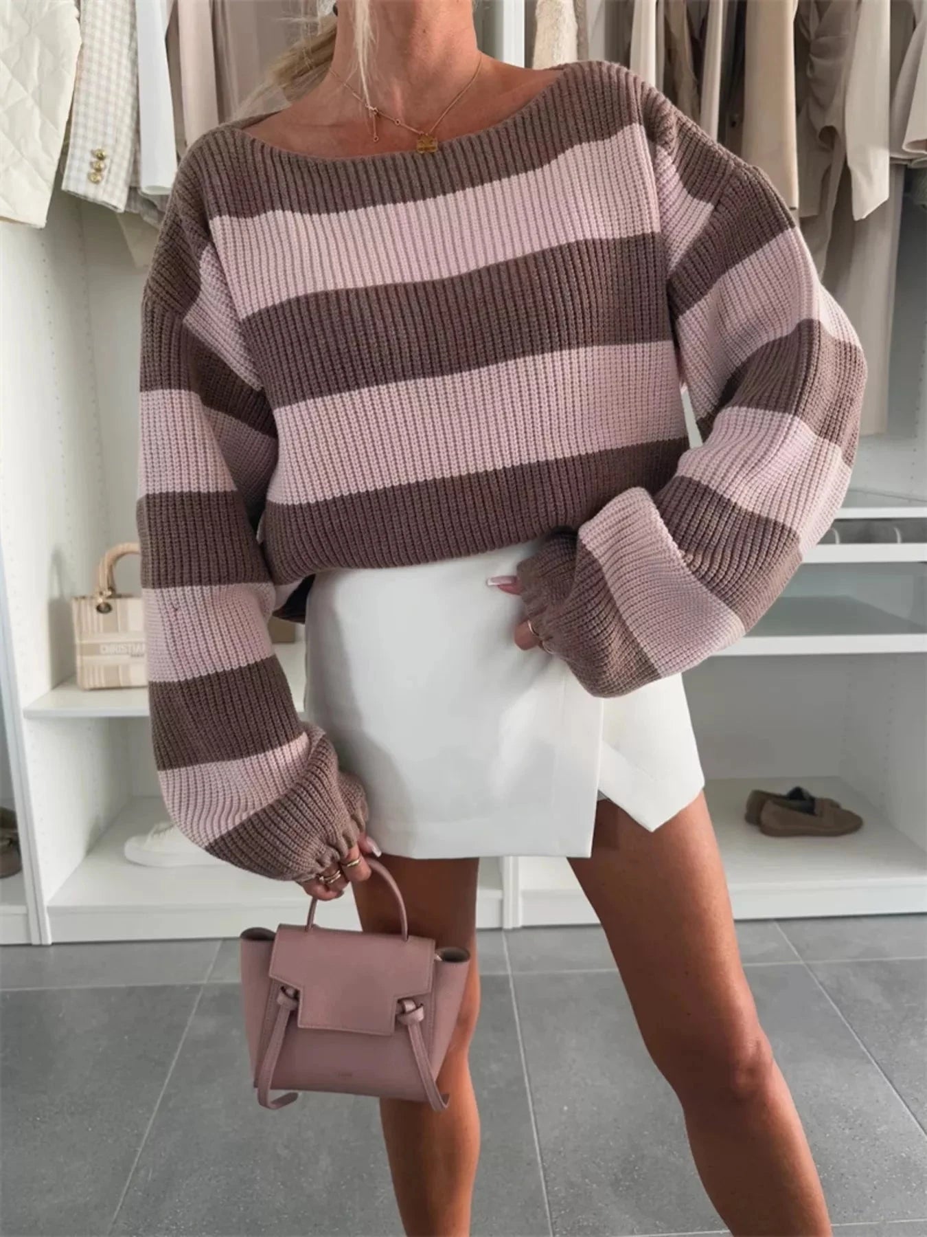 Contrast Striped Long Sleeve Sweater Trendsi