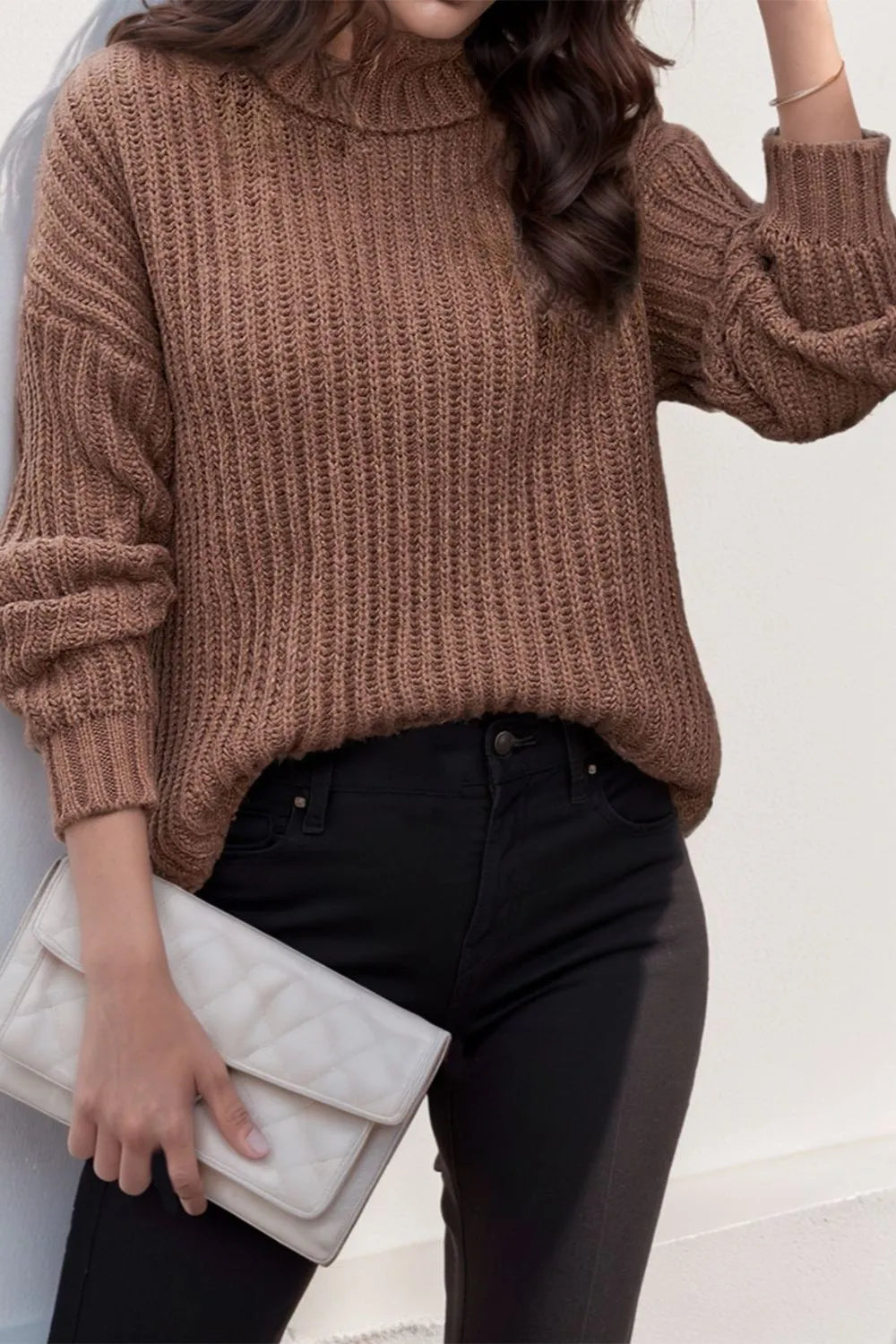 Turtleneck Dropped Shoulder  Pullover Sweater 