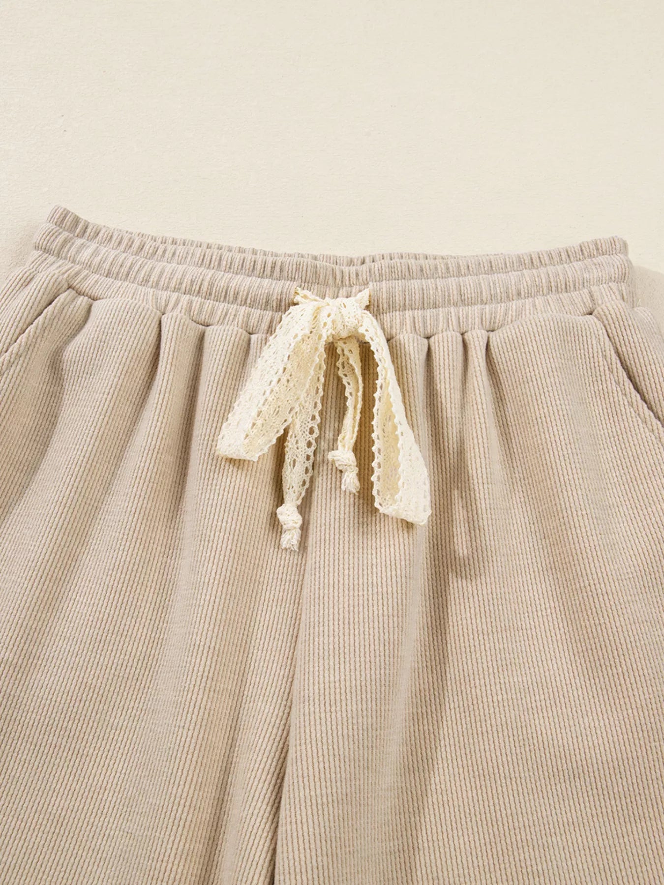 Lace Drawstring Hoodie and High Waist Pants Corduroy Suit Trendsi