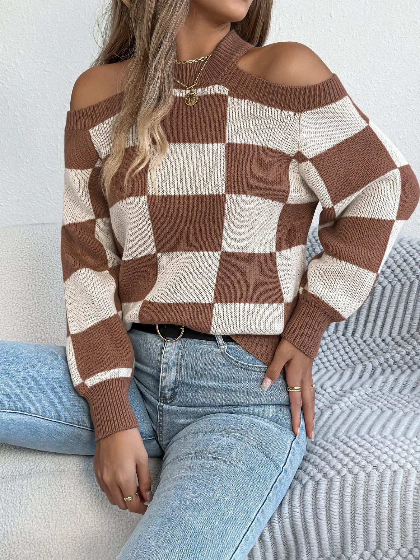 Cold Shoulder Checkered Long Sleeve Sweater 
