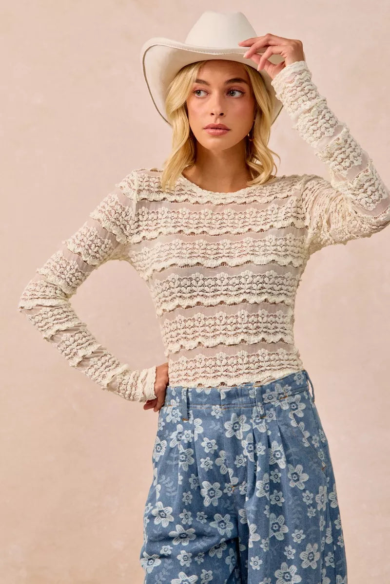 BiBi Ruffles Detail Flower Lace Top Trendsi