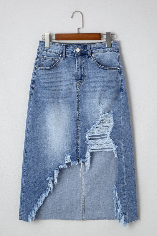 Denim Distressed Midi Skirt JUNIPER BLVD