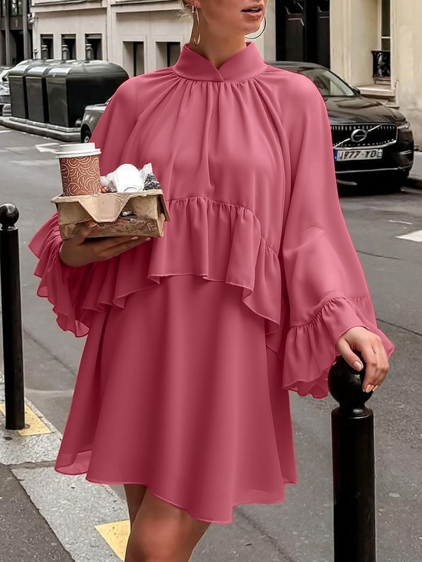 Ruffle Trim High Neck Mini Dress 