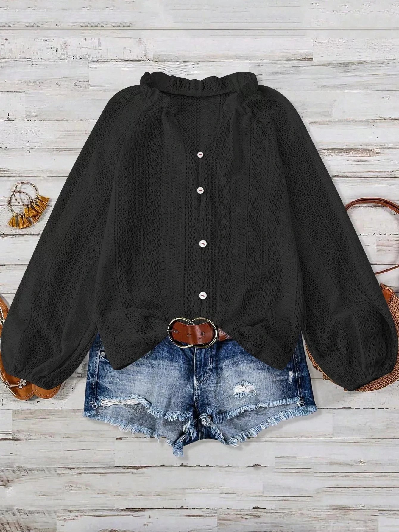 Lace Notched Long Sleeve Shirt 